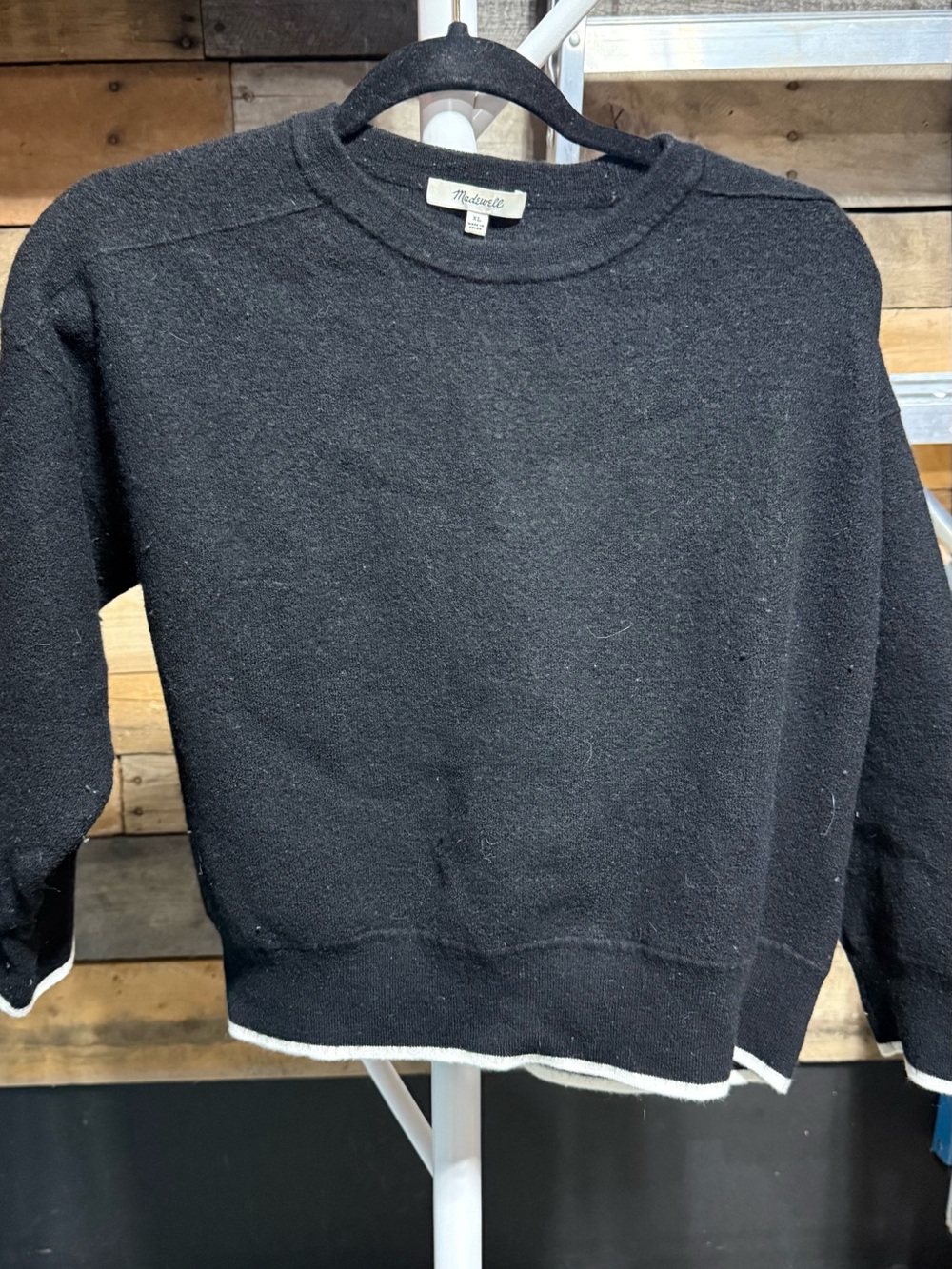 Madewell Womans Black Crewneck Sweater with White Hem Detail XL